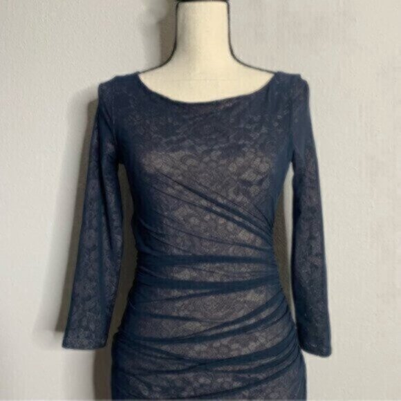 Reiss Dark Blue Sheer Lace Underlay Ruched Bodycon Dress - Picture 7 of 14